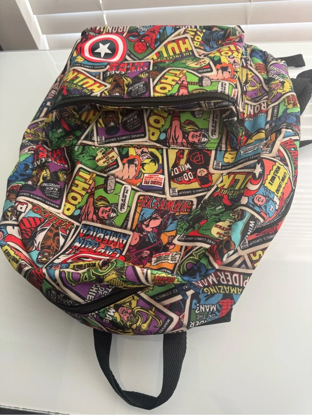 Marvel Multicolor Comic Collage Backpack with Captain America Shield Accent